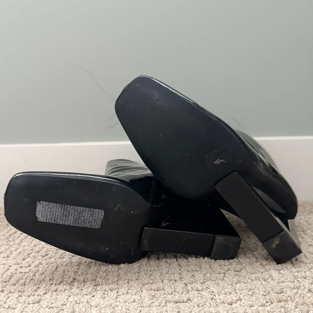 River Island Patent Ankle Boots Black Architectural Block Heel Booties Size 8 - Picture 5 of 7